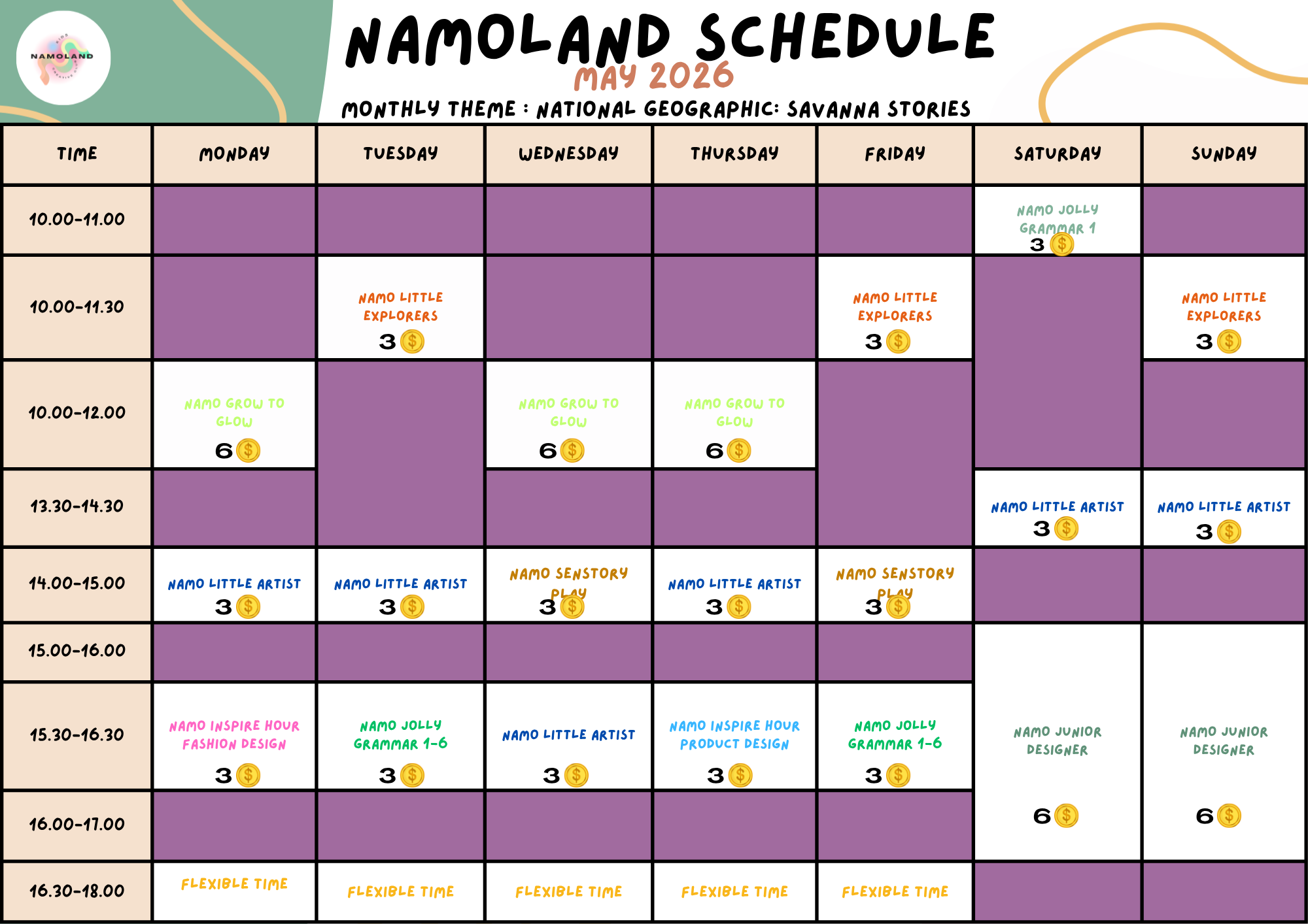 ตารางกิจกรรมประจำเดือน NAMOLAND