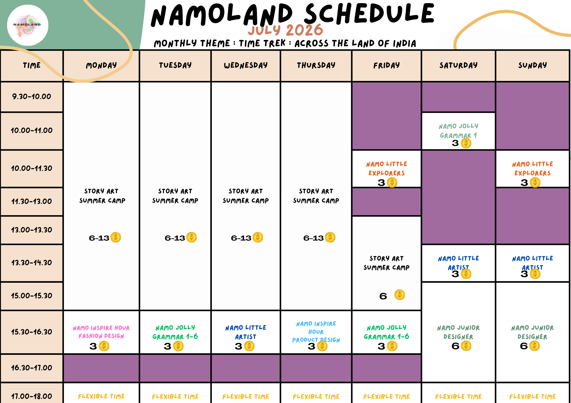 ตารางกิจกรรมประจำเดือน NAMOLAND