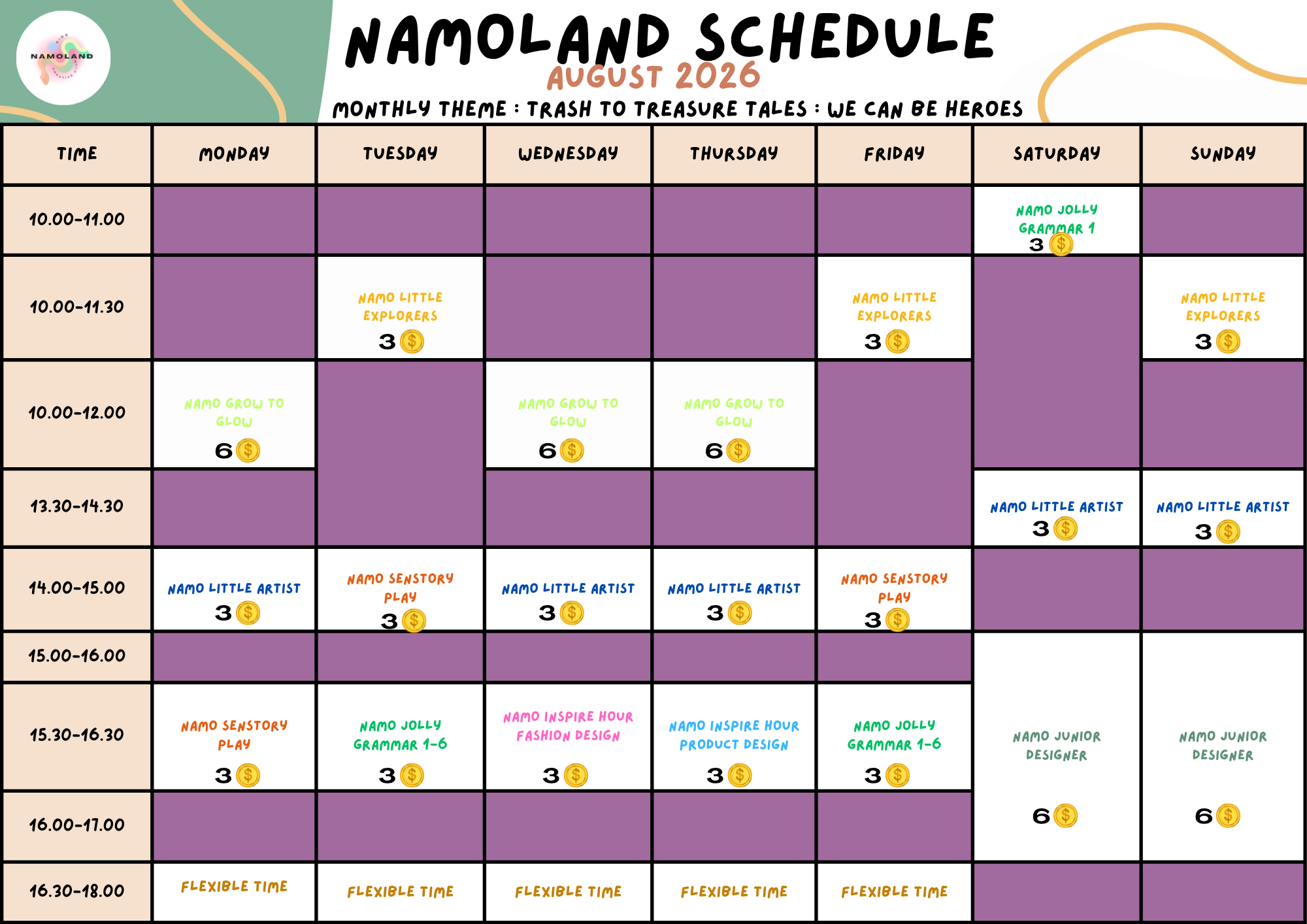 ตารางกิจกรรมประจำเดือน NAMOLAND
