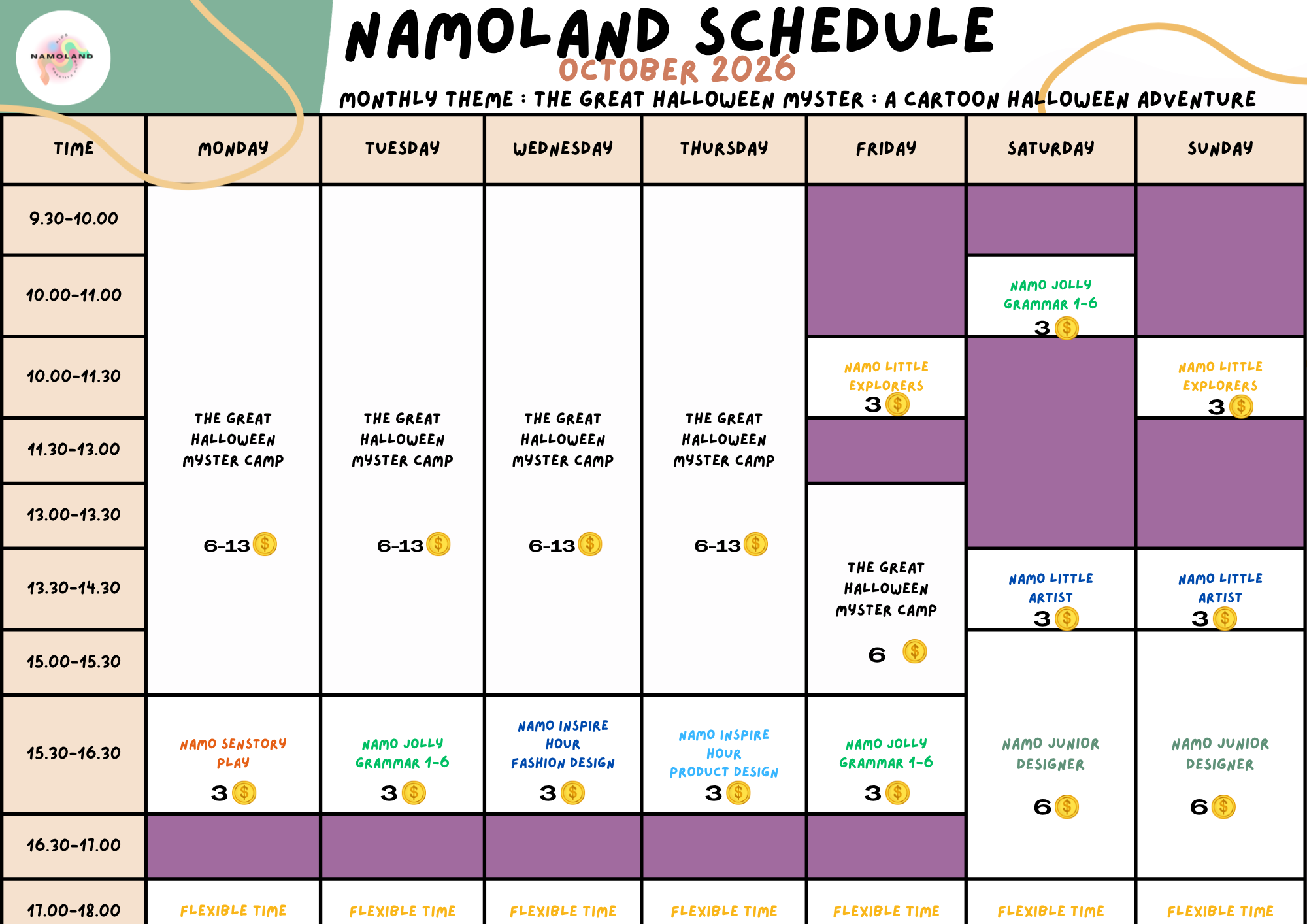 ตารางกิจกรรมประจำเดือน NAMOLAND
